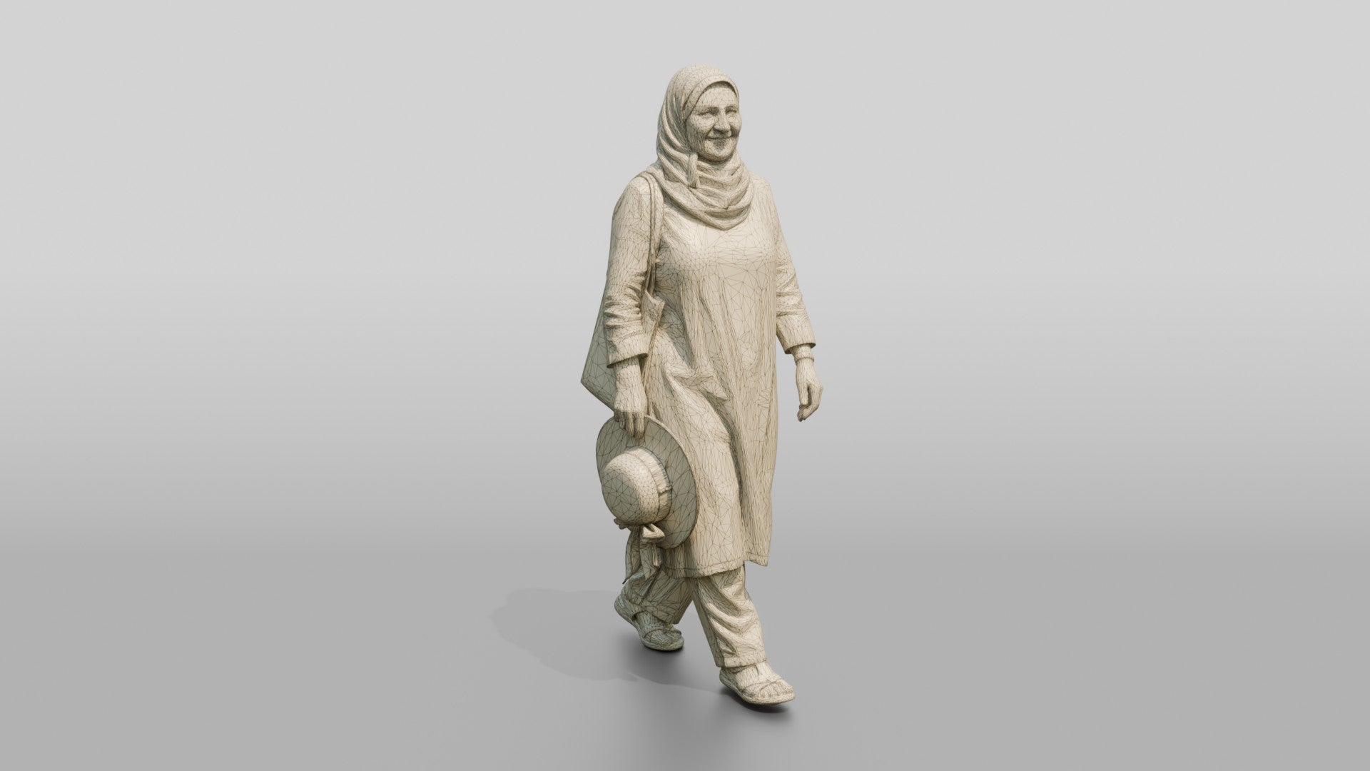 Middle-Aged Iraqi Woman in Hijab Carrying a Summer Hat