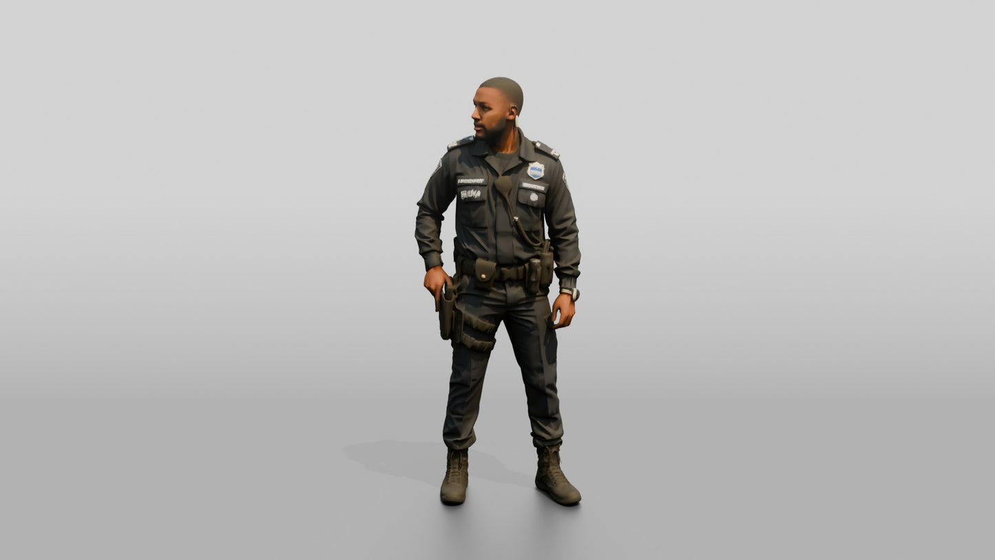 Slim Black Male Guard in a Navy Blue Tactical Uniform