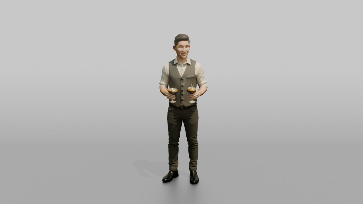 Bartender Man Holding Two Cocktail Glasses - 3D character model, view 5