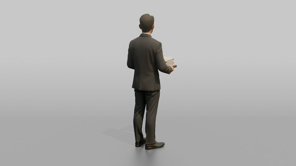 Bellhop Woman Carrying A Tray With Folded Towels - 3D character model, view 3