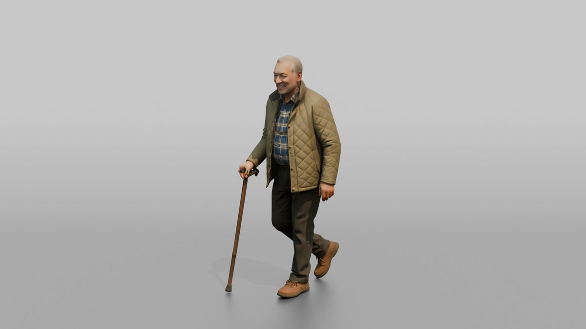Grandfather Holding A Walking Stick, Mid-stride - 3D character model, view 4