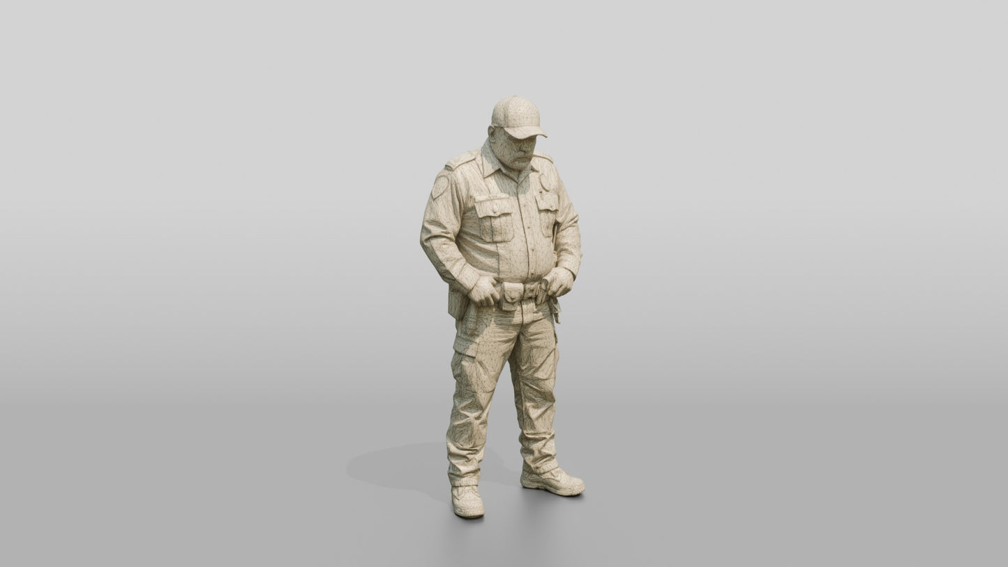Stocky Latino Male Guard in a Dark Green Uniform