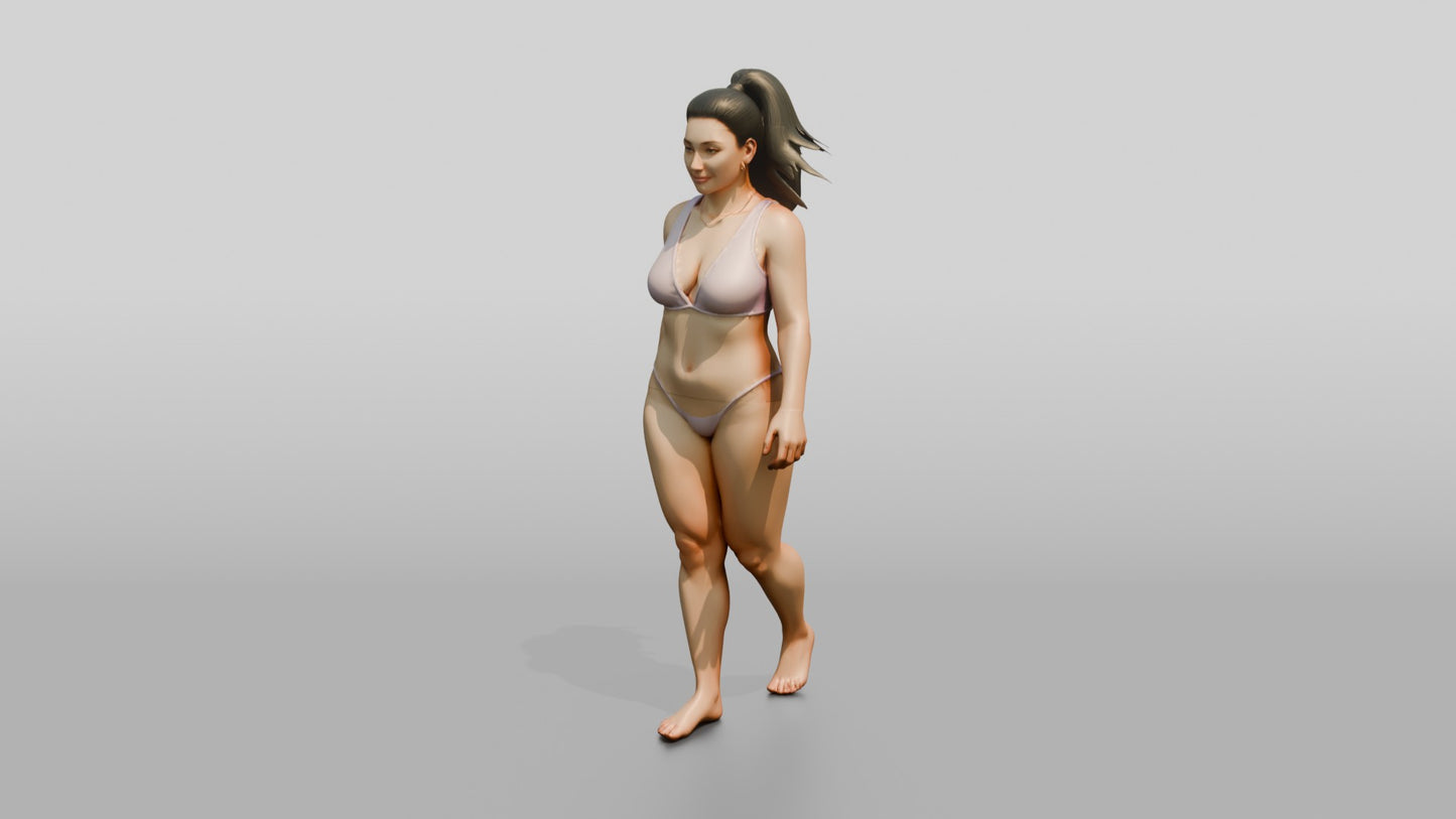 Curvy Woman in Lilac Two-Piece Swimsuit Walking