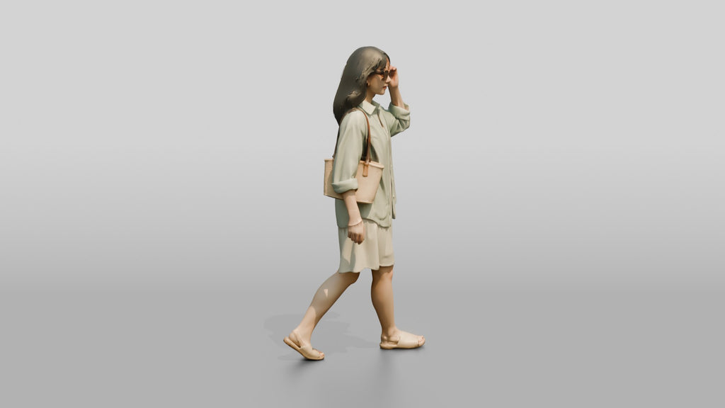 Woman Walking in Sunglasses with Straw Tote