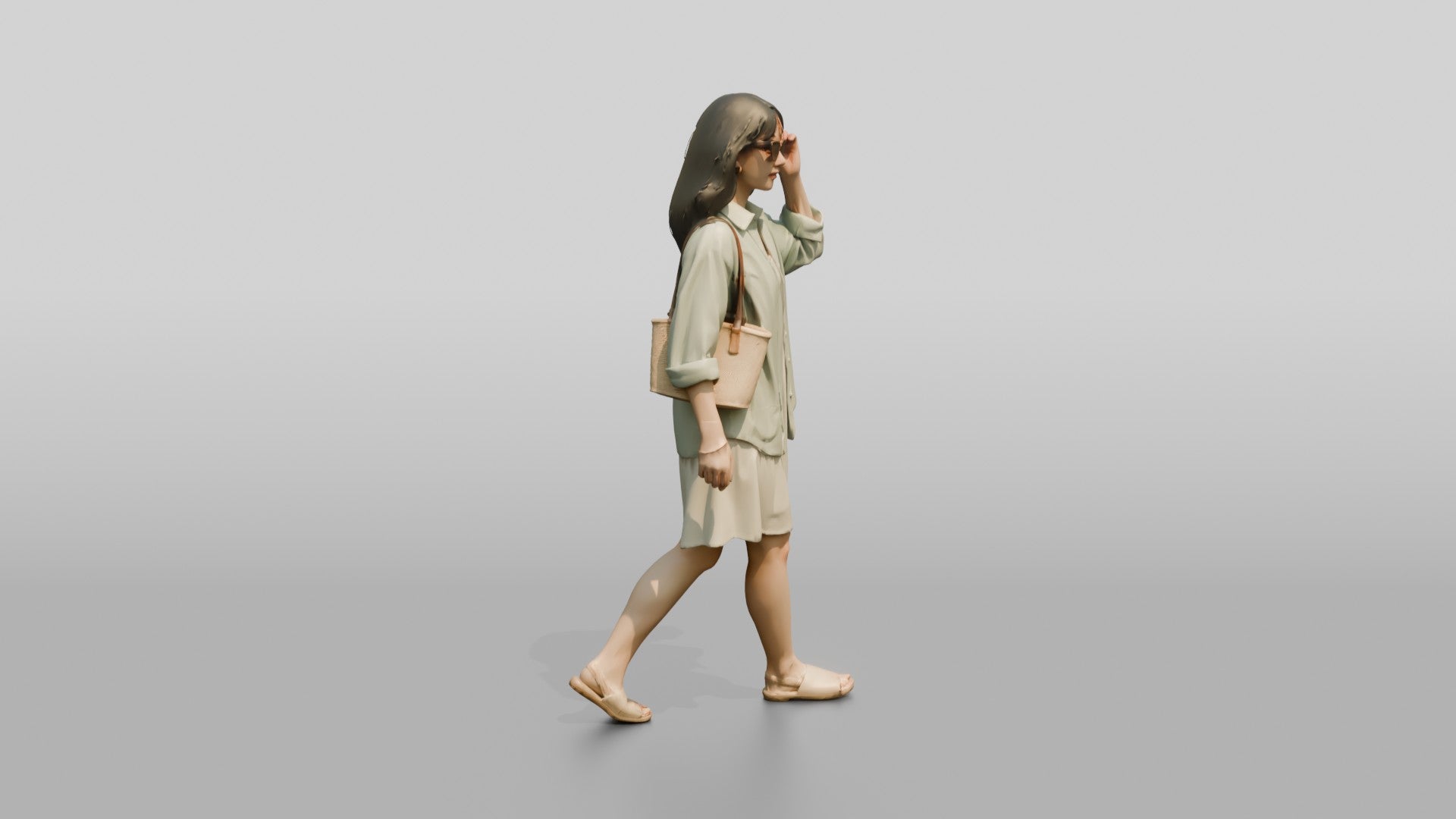 Woman Walking in Sunglasses with Straw Tote