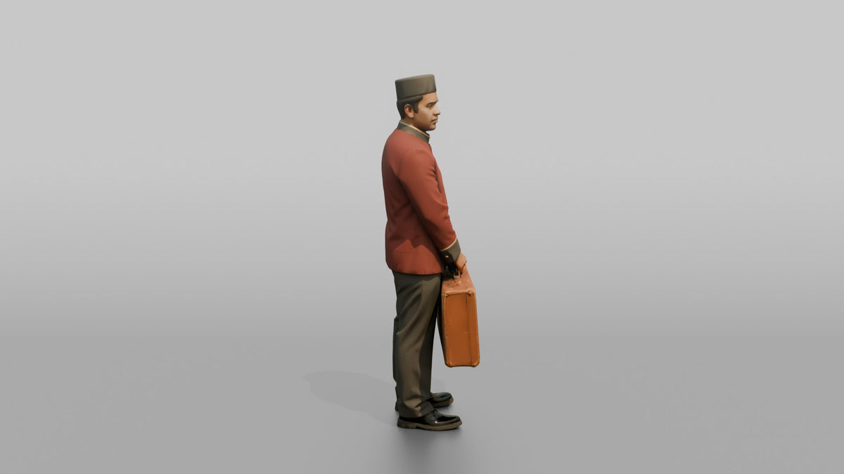 Bellhop Man Carrying A Single Large Suitcase With Both Hands - 3D character model, view 2