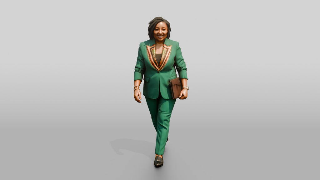 Plus-Size Woman in Emerald Green Pantsuit Carrying a Tablet Case