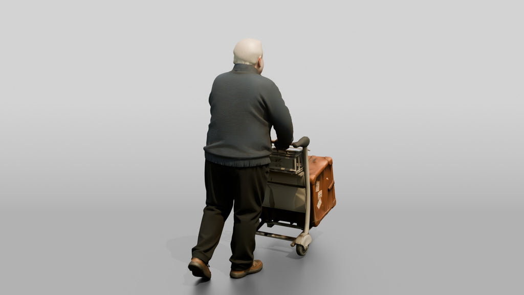 Elderly Bald Man Pushing Luggage Cart with Vintage Suitcase