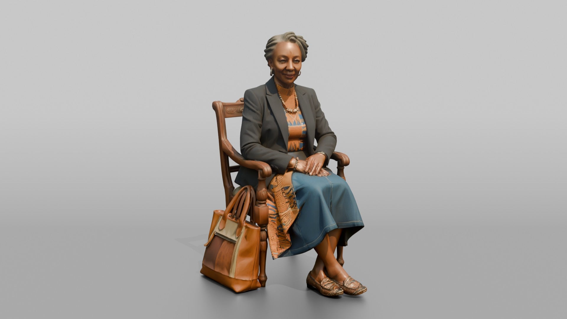 African Senior Woman Seated with Leather Tote Bag