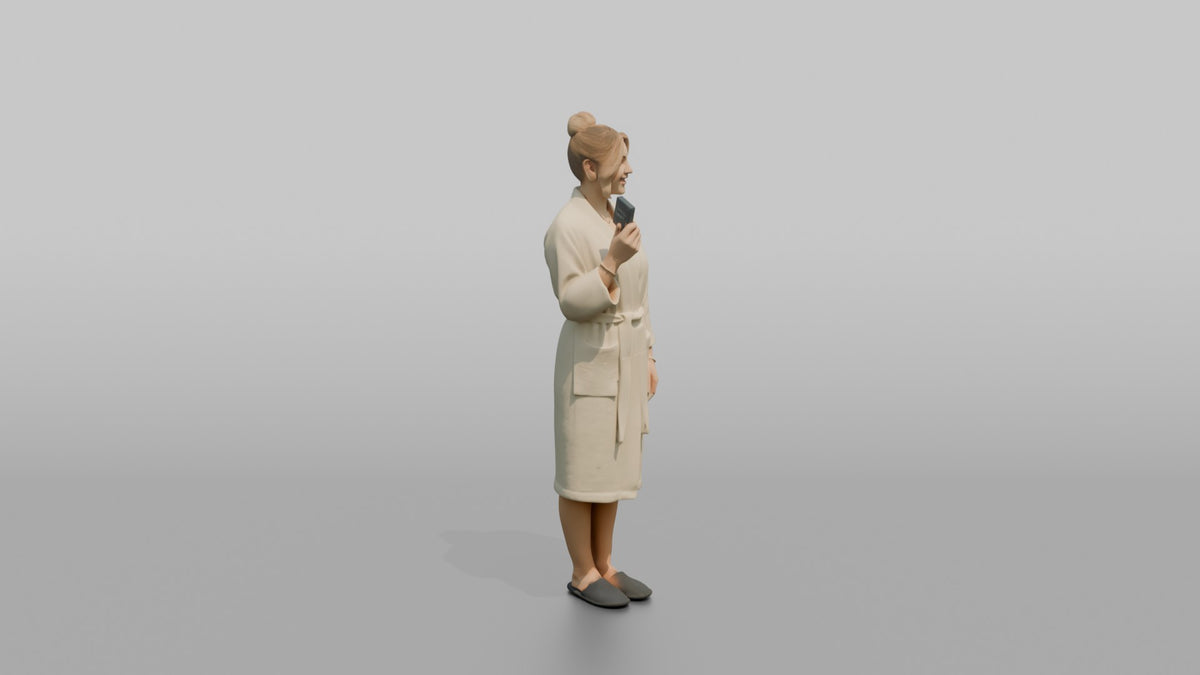 Spa Client Woman Standing Holding A Spa Locker Key Card - 3D character model, view 2