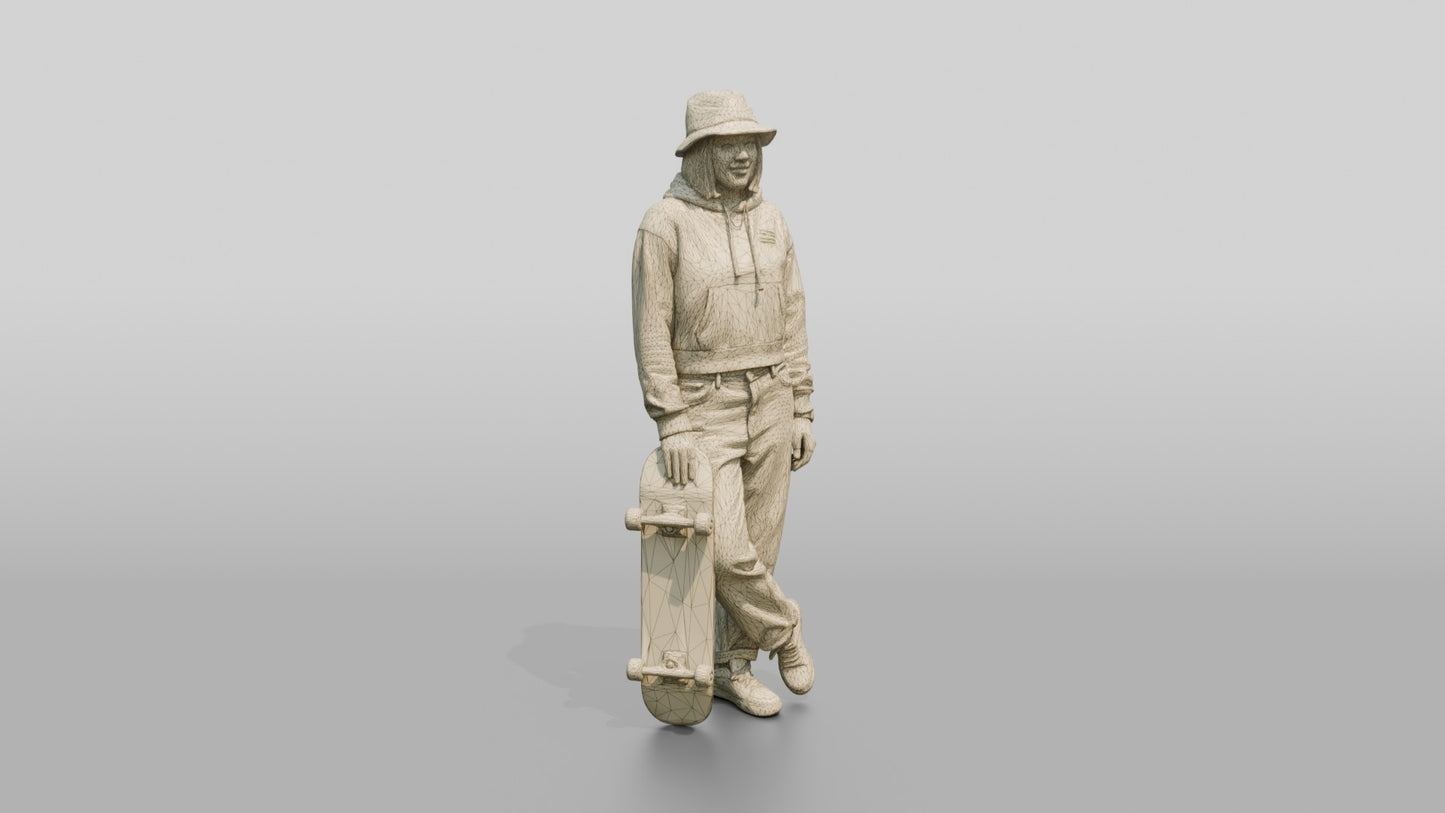 Skater Woman in Bucket Hat with Skateboard