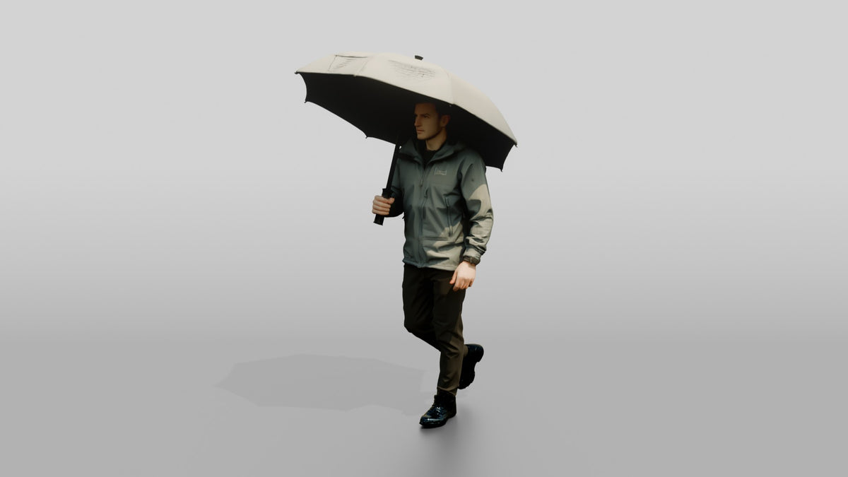 White Man in Grey Shell Jacket with Umbrella - 3D character model, view 4