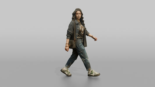Young Woman in Dark Jacket Walking with Crossbody Bag - 3D character model, view 1
