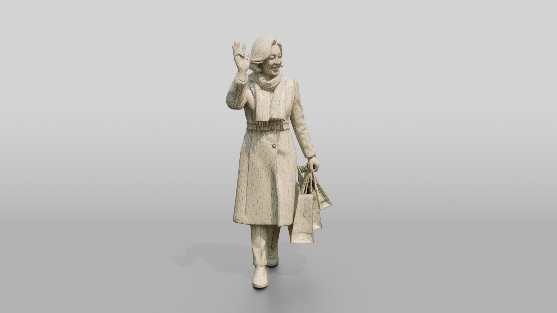 Woman Waving in Camel Wool Coat