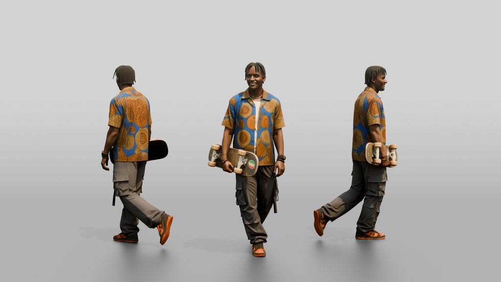 Athletic African Man Holding a Skateboard in a Print Shirt
