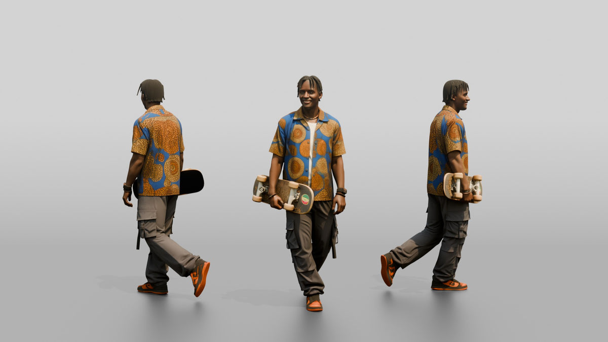 Athletic African Man Holding a Skateboard in a Print Shirt - 3D character model