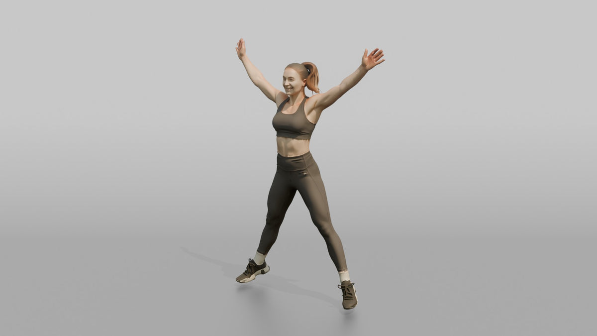 Cardio Athlete Woman Mid-jumping-jack, Arms Out To The Sides - 3D character model, view 4