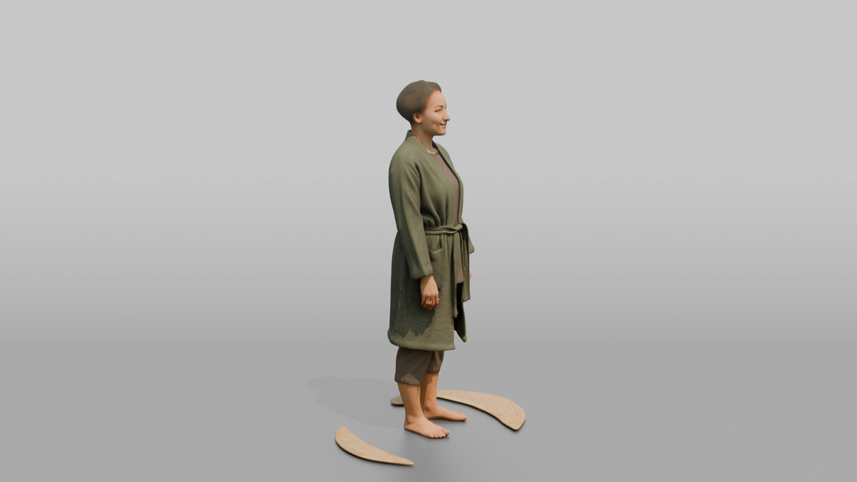 Spa Client Woman Standing Barefoot On A Mat, Arms At Sides, Calm Expression - 3D character model, view 2