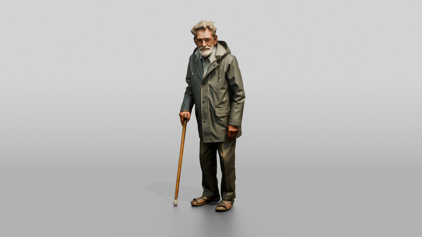 Elderly Indian Man in Grey Raincoat with Cane