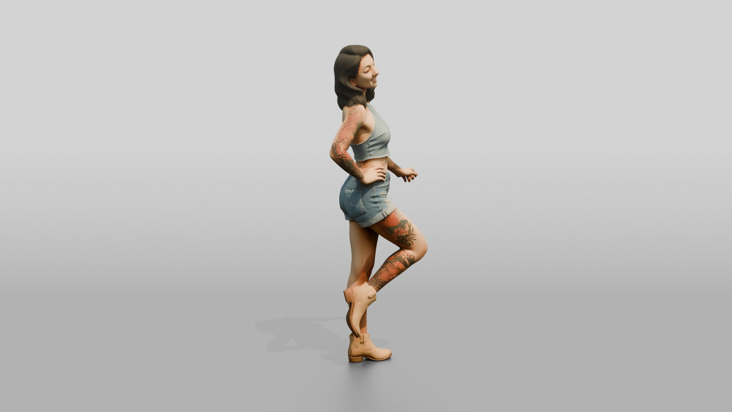 Tattooed Woman Balancing in Denim Crop Outfit