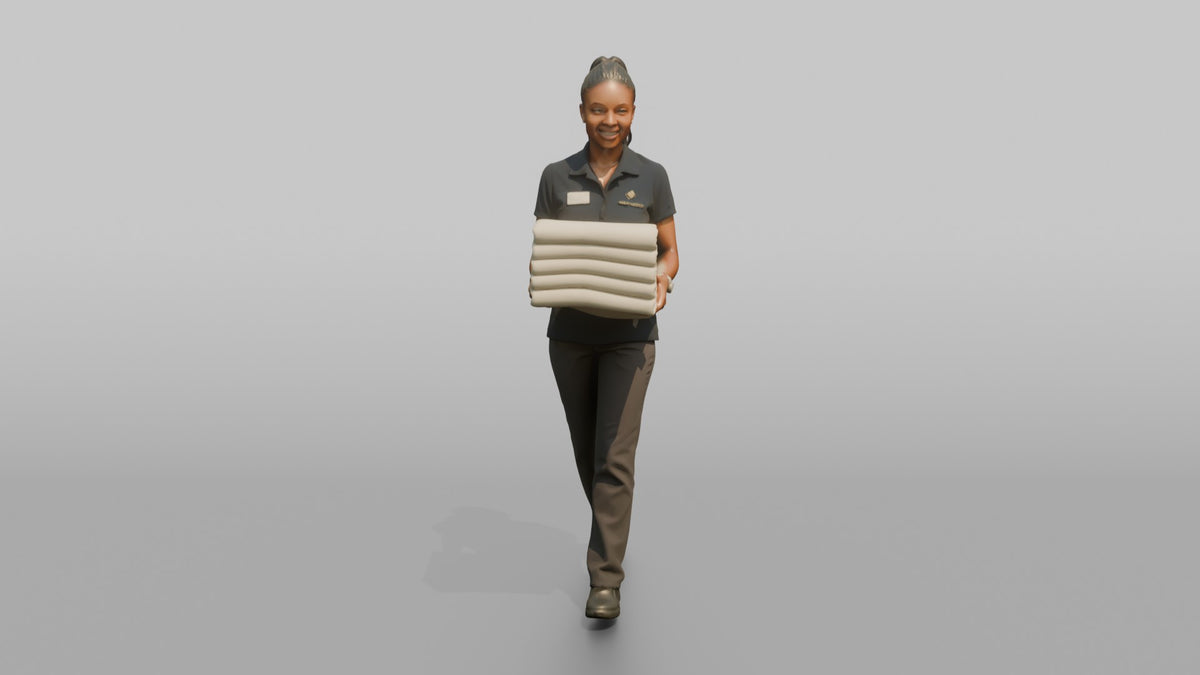 Spa Attendant Man Carrying A Stack Of Folded Pool Towels - 3D character model, view 5