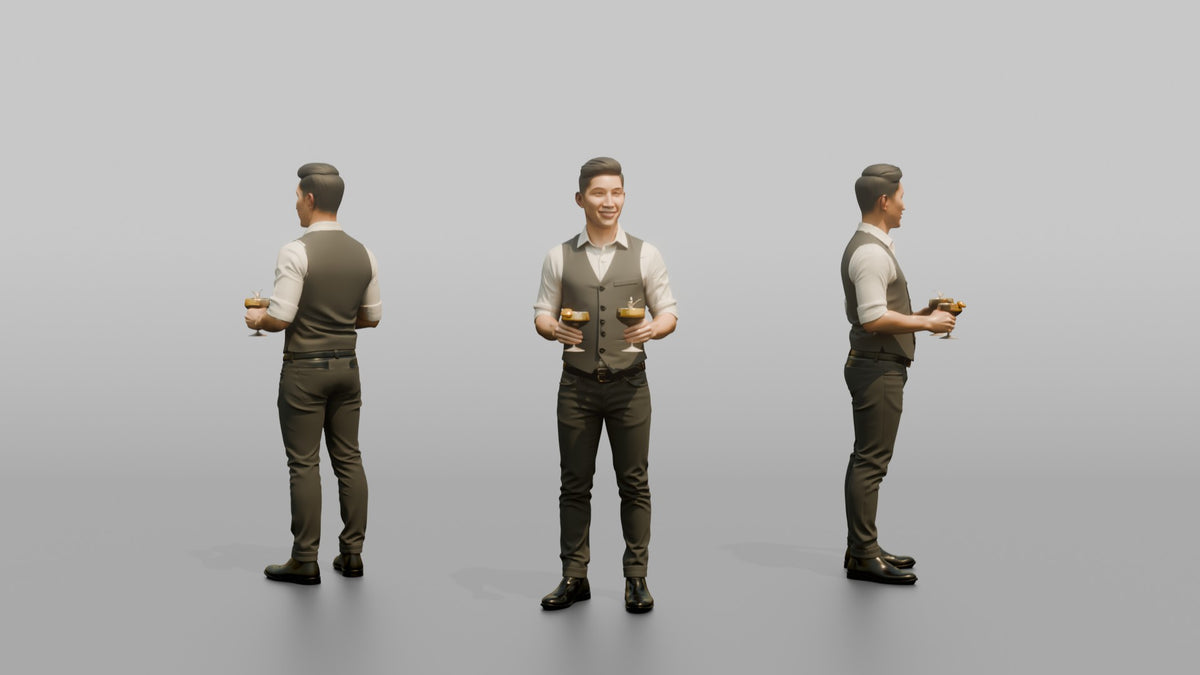 Bartender Man Holding Two Cocktail Glasses - 3D character model, view 1