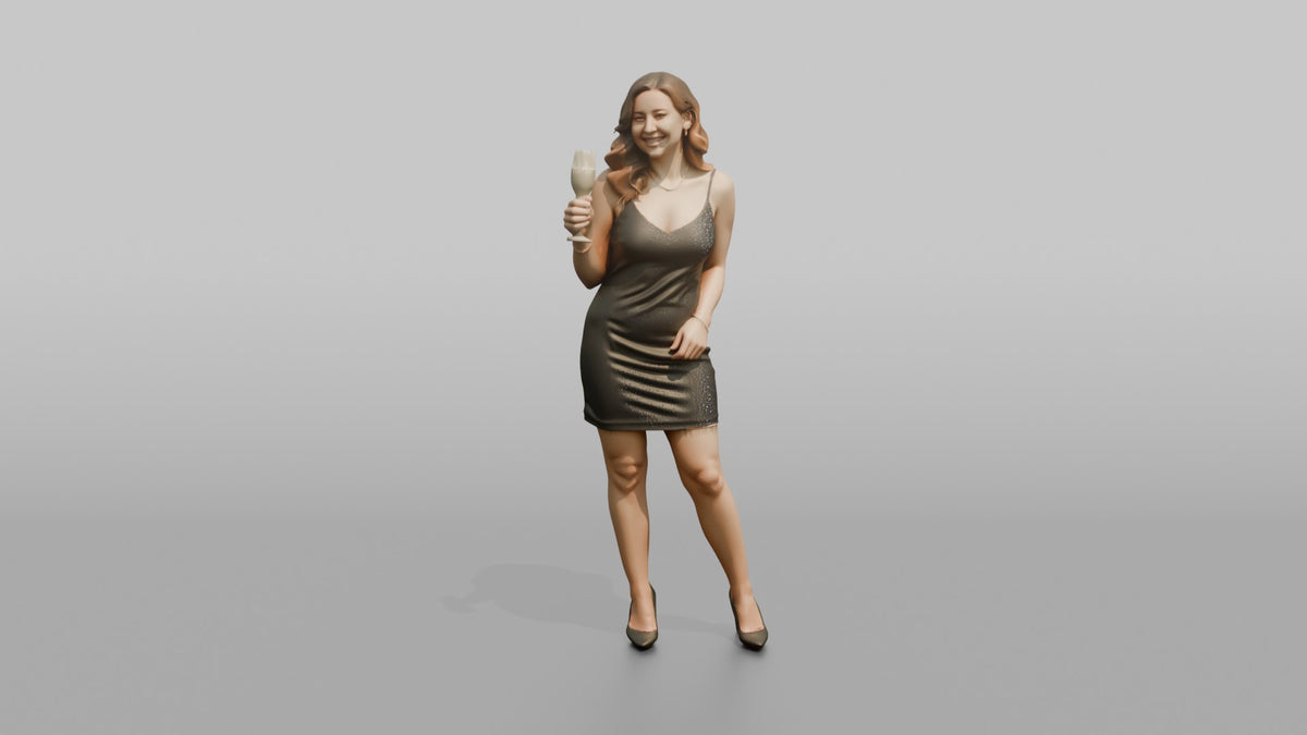 Patron Woman Holding A Champagne Glass, Celebratory Pose - 3D character model, view 5