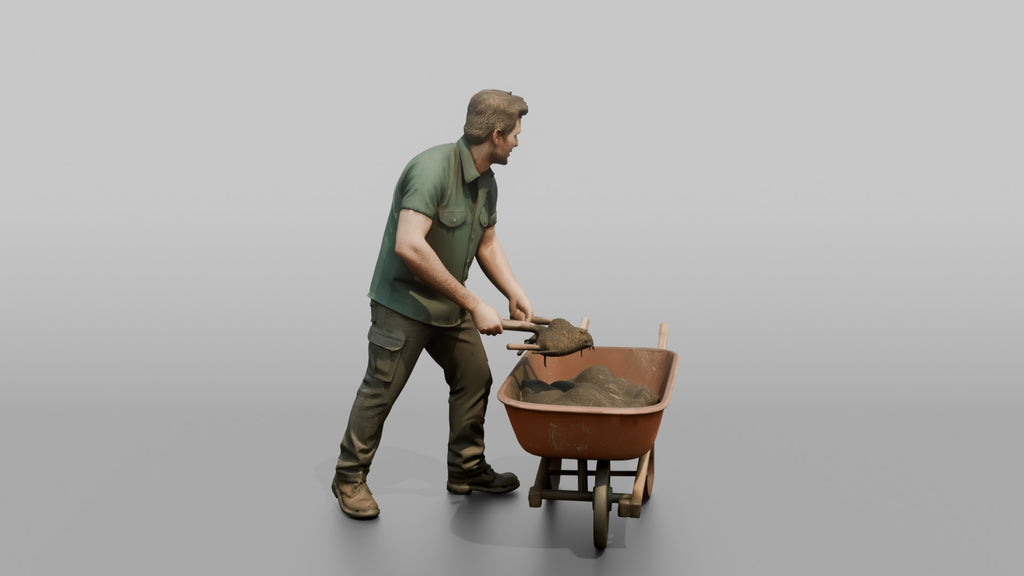 Farmer Shoveling Manure Into Wheelbarrow
