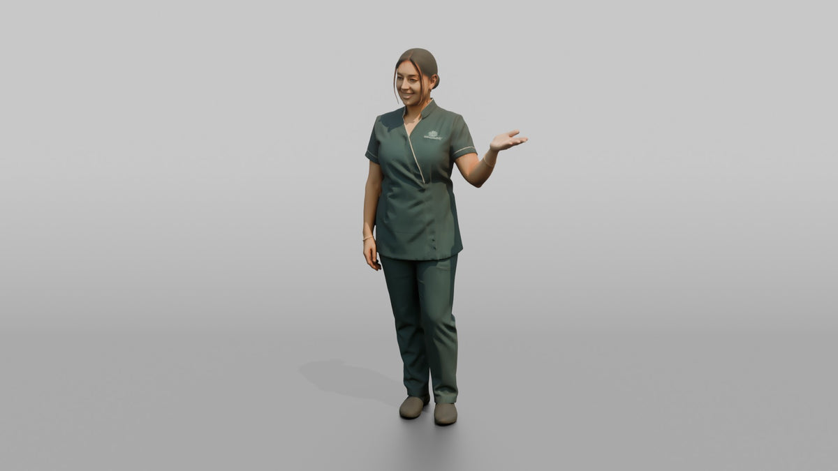 Spa Attendant Woman Gesturing Toward A Sauna Door - 3D character model, view 4