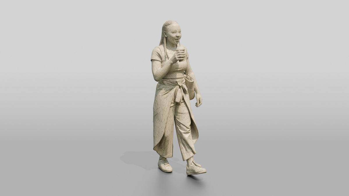 Curvy African Woman Drinking a Smoothie in Wrap Trousers - wireframe topology preview