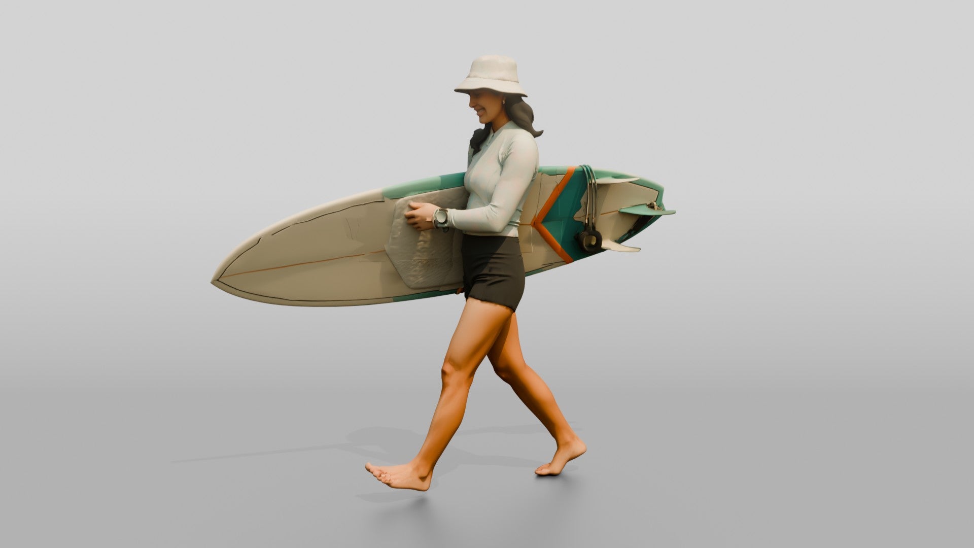 Woman Balancing Surfboard Adjusting Wax Grip