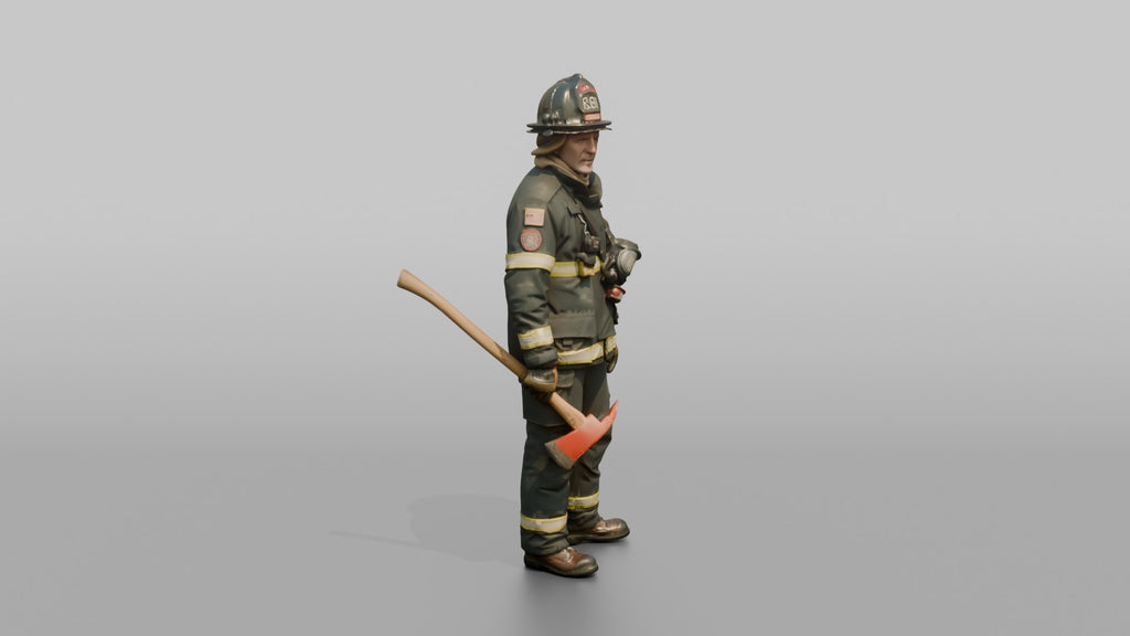 Firefighter Man Holding an Axe Down By His Side