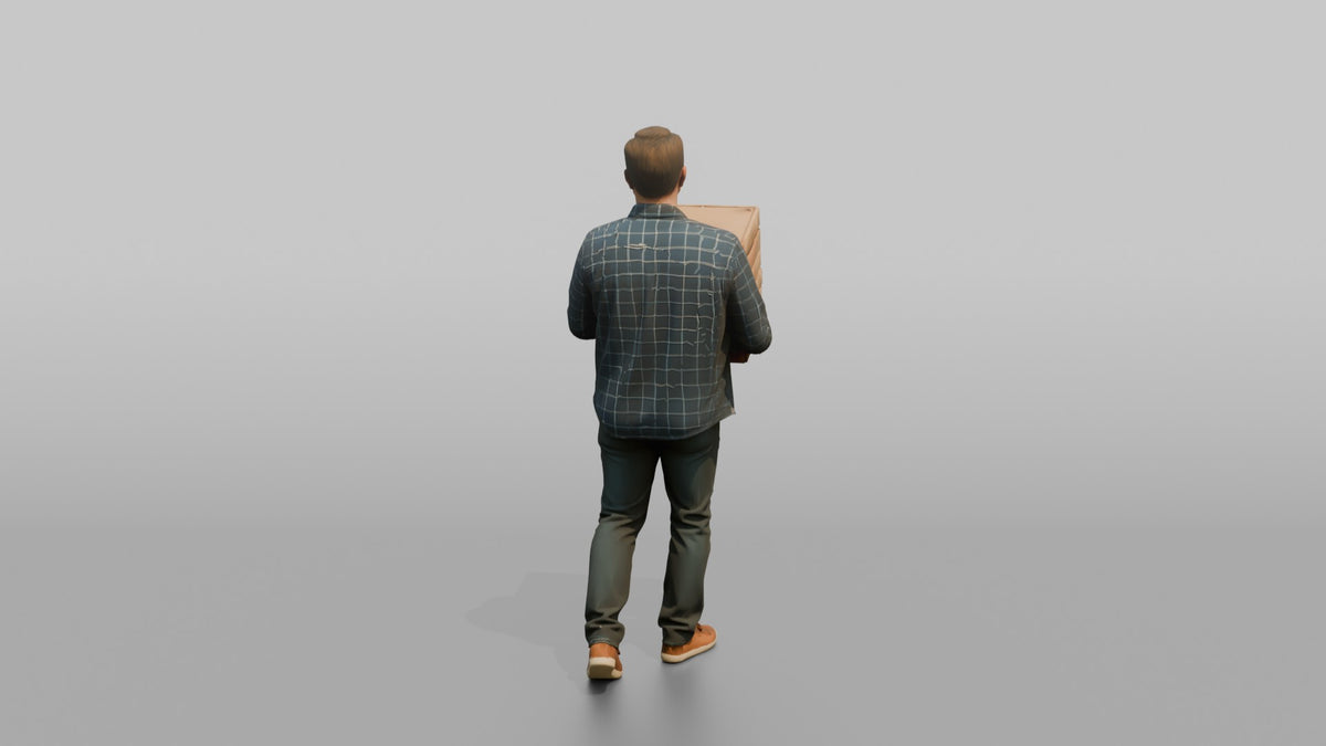 Father Carrying A Stack Of Pizza Boxes Balanced In Both Arms - 3D character model, view 3