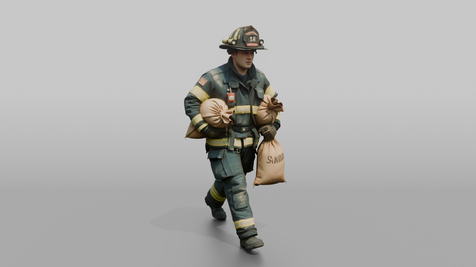 Firefighter Man Hauling a Sandbag Under Each Arm