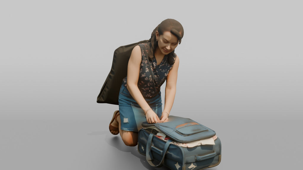 Traveler Kneeling To Zip Her Suitcase