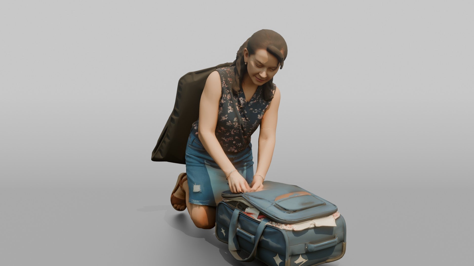 Traveler Kneeling To Zip Her Suitcase