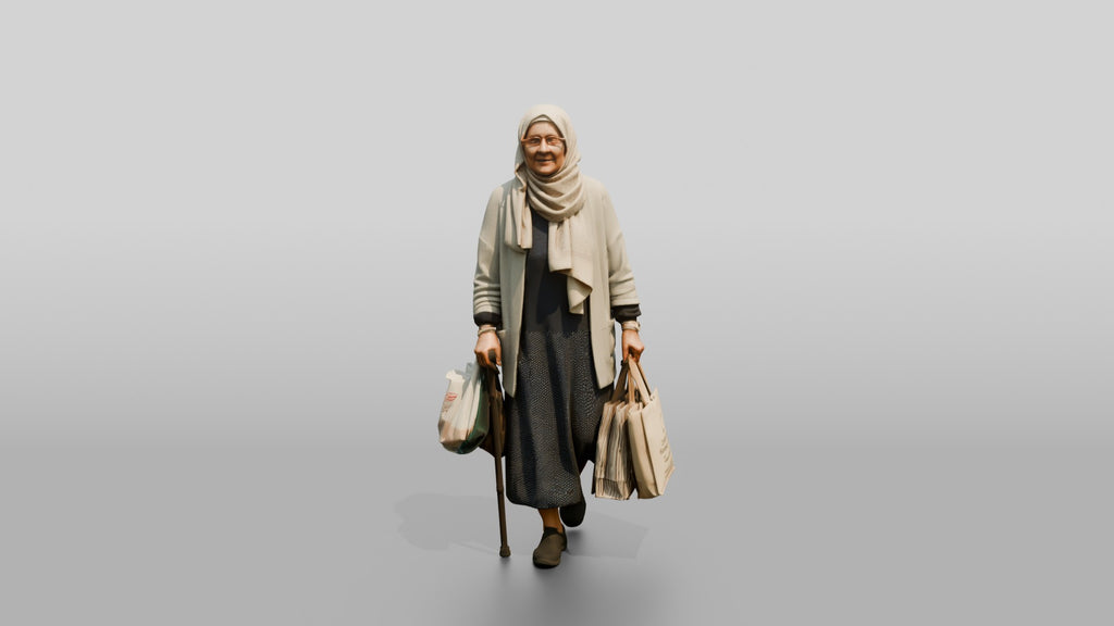Elderly Slender Syrian Woman in Hijab Carrying Shopping Bags