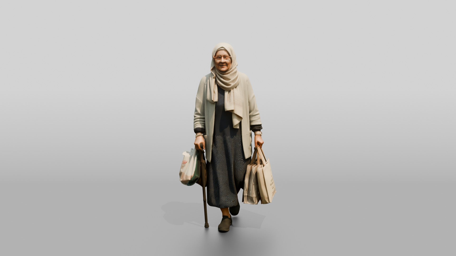 Elderly Slender Syrian Woman in Hijab Carrying Shopping Bags