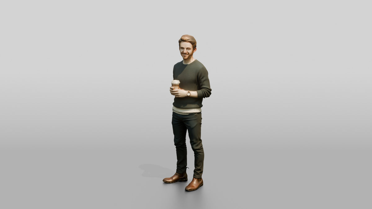 Homeless Man Holding a Steaming Paper Coffee Cup - 3D character model, view 4