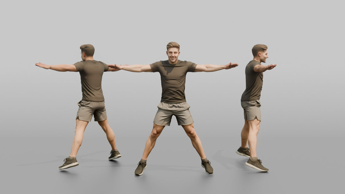 Cardio Athlete Man Mid-jumping-jack, Arms Out To The Sides - 3D character model, view 1