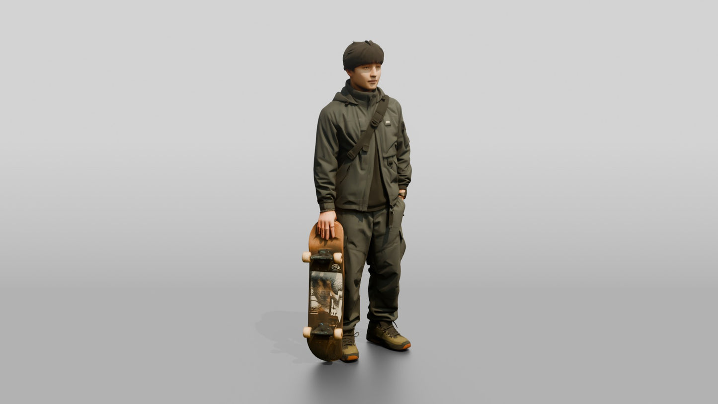 Skater Man in Technical Jacket with Skateboard