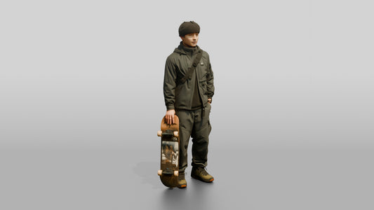 Skater Man in Technical Jacket with Skateboard - 3D character model, view 1