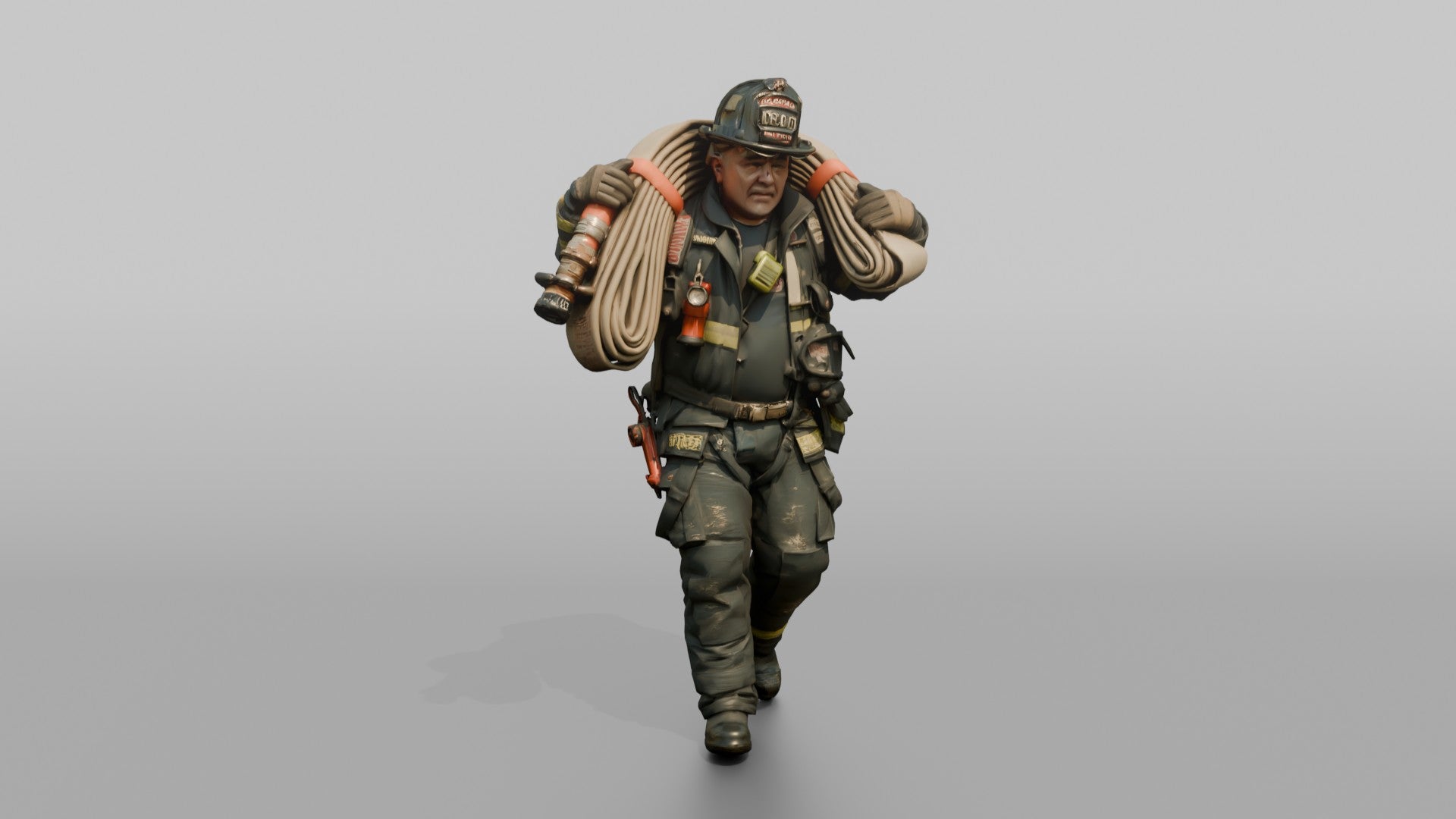 Firefighter Man Carrying a Hose Bundle on Both Shoulders