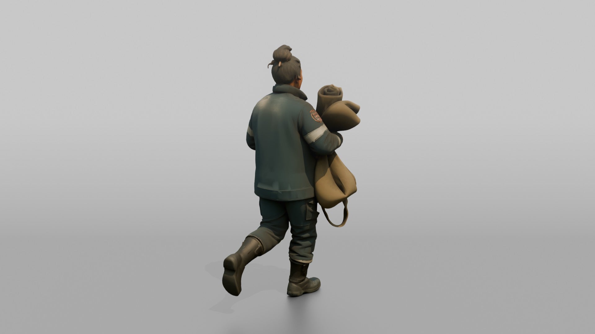 Firefighter Woman Jogging While Carrying a Salvage Cover Tarp