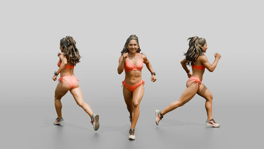 Latina Woman Running in Bold Coral Bikini