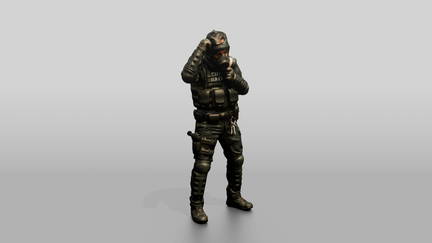 Riot Police Officer Adjusting Gear