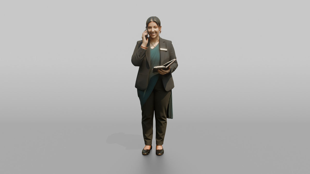 Host Woman Holding A Phone, Taking A Reservation Call - 3D character model, view 5