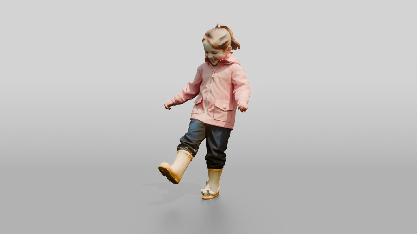 White Girl in Pink Raincoat Splashing in Puddle