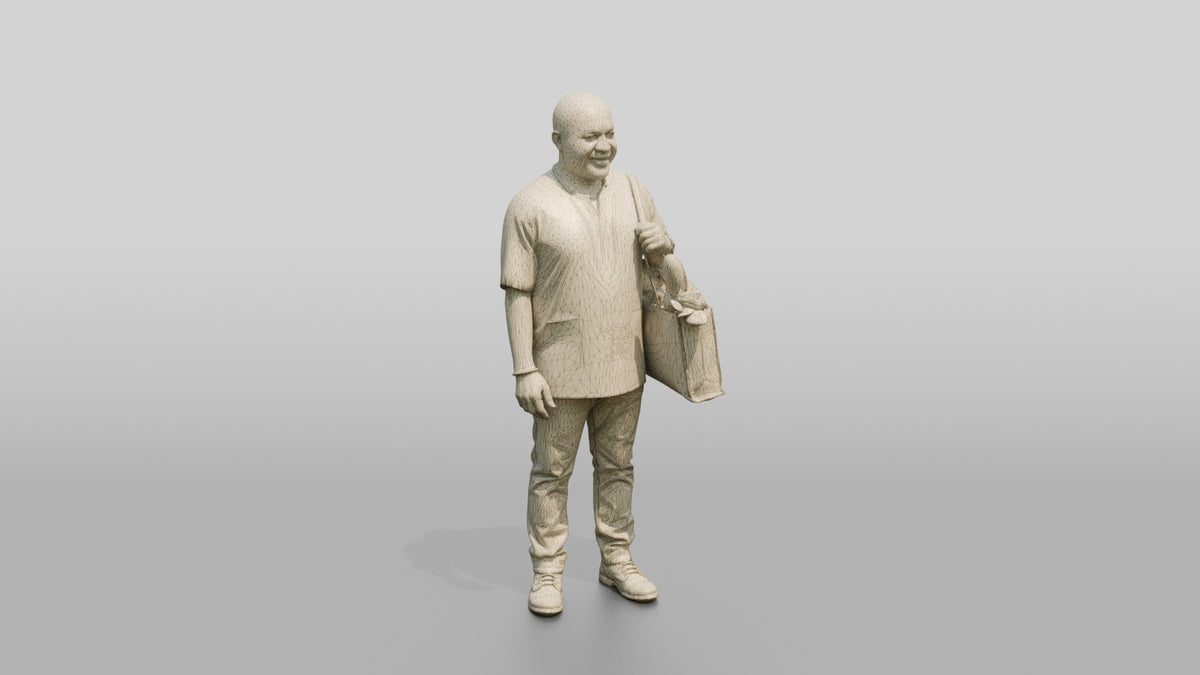 African Man in a Dashiki Shirt Carrying Groceries - wireframe topology preview