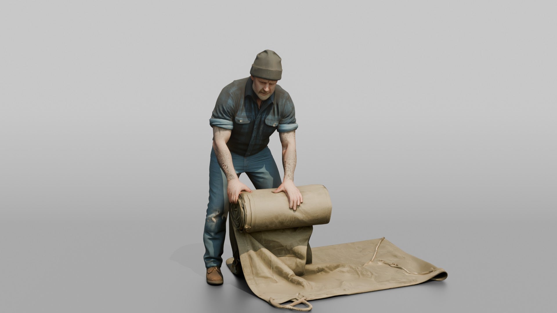 Farmer Unrolling Large Canvas Tarp